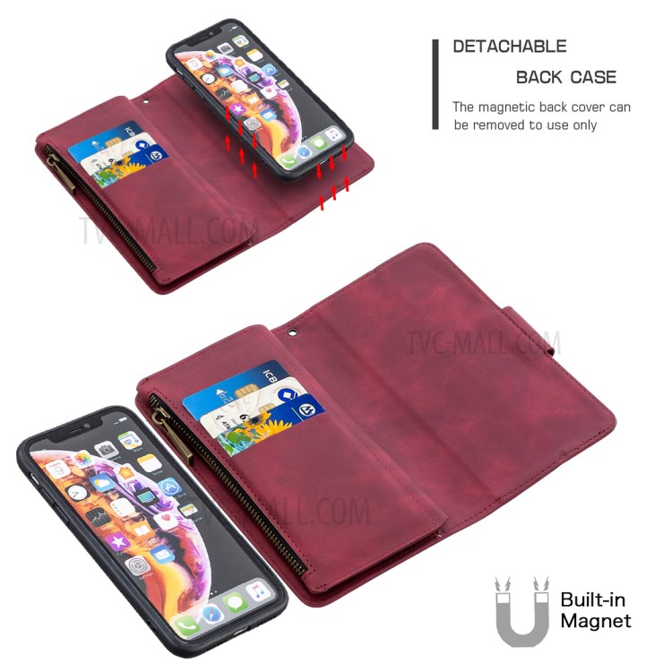 Zíper de Bolso Destacável 2-em 1 Caixa de Carteira de Couro Para Iphone XR 6,1 Polegadas - Vermelho-7