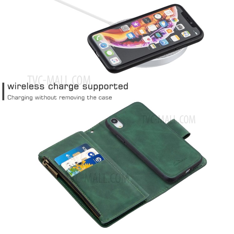 Zipper Pocket Detachable 2-in-1 Leather Wallet Stand Case for iPhone XR 6.1-inch - Green-4