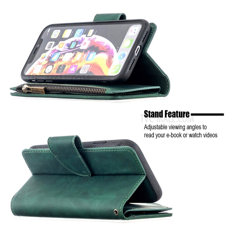 Zipper Pocket Detachable 2-in-1 Leather Wallet Stand Case for iPhone XR 6.1-inch - Green-5