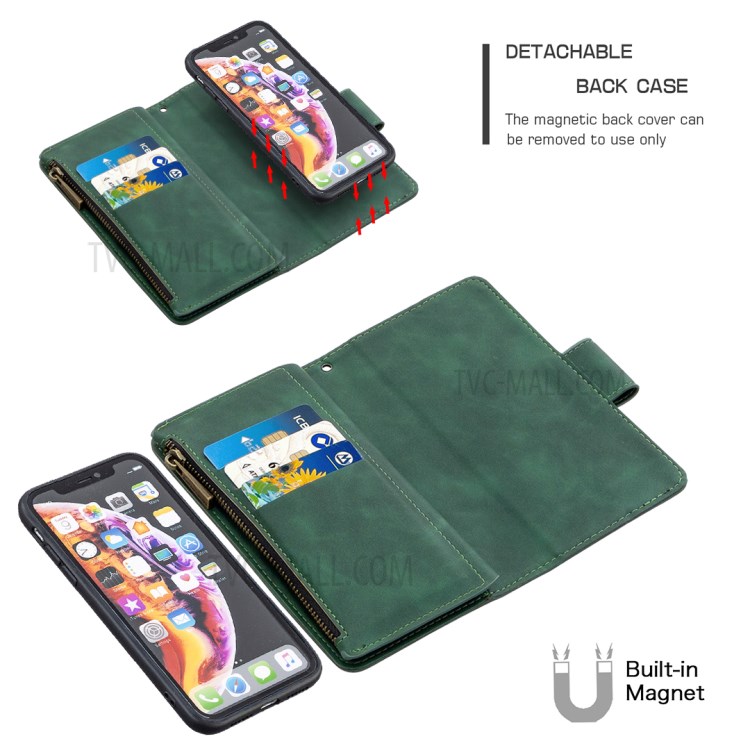 Zipper Pocket Detachable 2-in-1 Leather Wallet Stand Case for iPhone XR 6.1-inch - Green-7