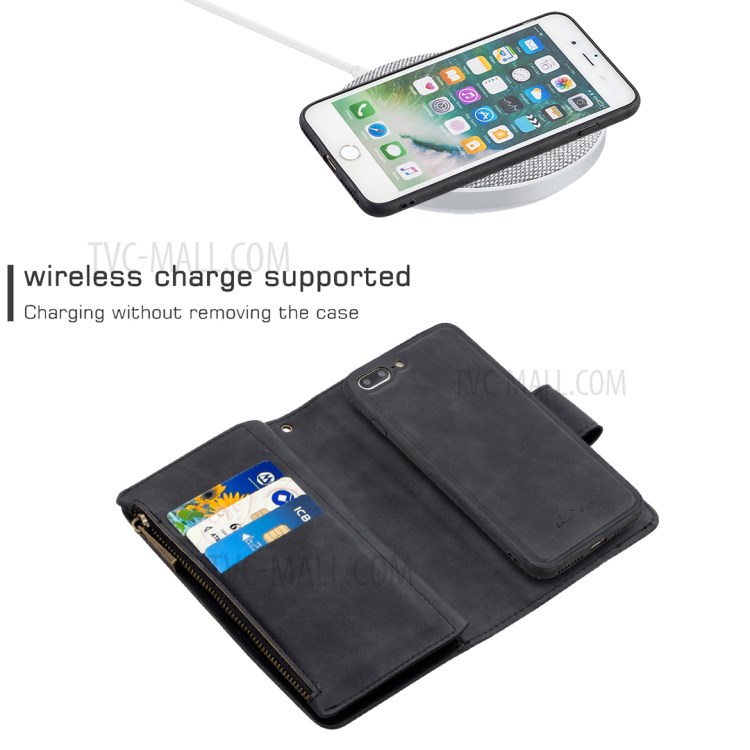 Étui de Support de Portefeuille en Cuir Détachable 2 en 1 Pour la Fermeture à Glissière Pour Iphone 8 Plus / Iphone 7 Plus 5,5 Pouces - le Noir