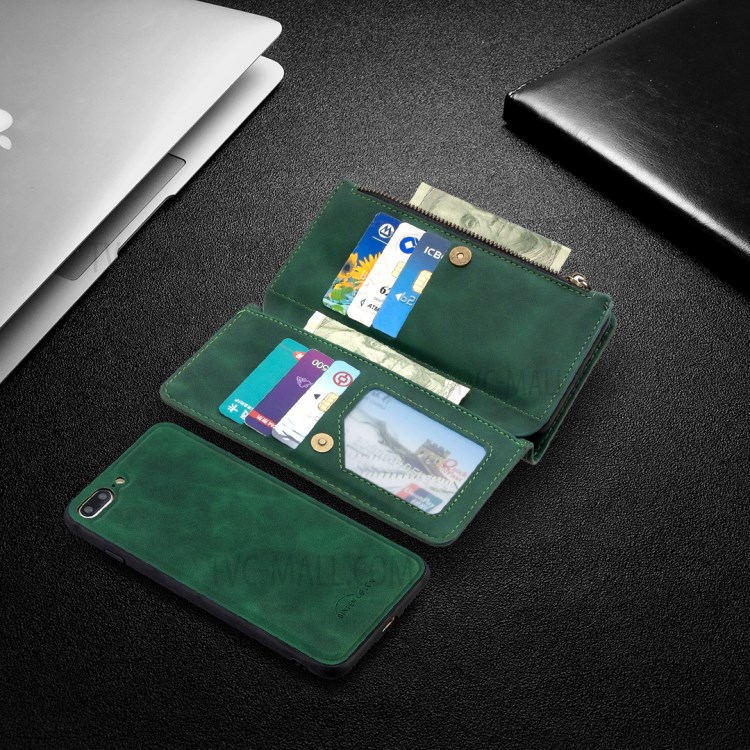 Zipper Pocket Detachable 2-in-1 Leather Wallet Stand Case for iPhone 8 Plus / iPhone 7 Plus 5.5-inch - Green-10