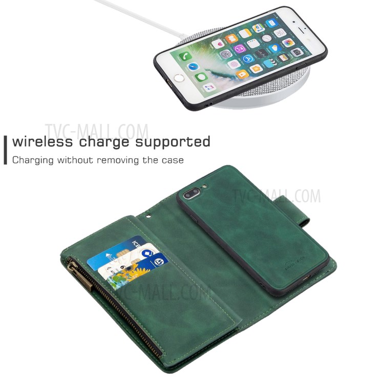 Zipper Pocket Detachable 2-in-1 Leather Wallet Stand Case for iPhone 8 Plus / iPhone 7 Plus 5.5-inch - Green-4