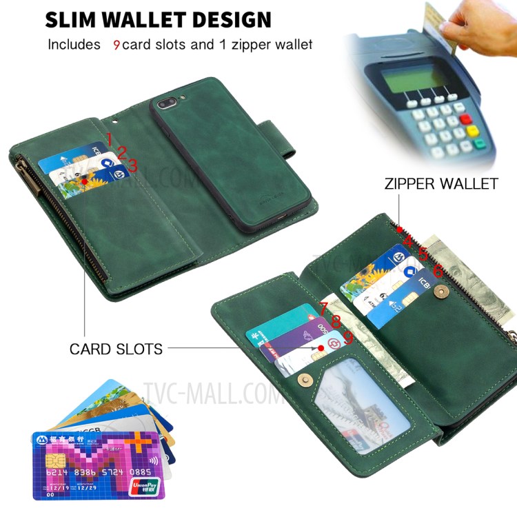 Zipper Pocket Detachable 2-in-1 Leather Wallet Stand Case for iPhone 8 Plus / iPhone 7 Plus 5.5-inch - Green-6