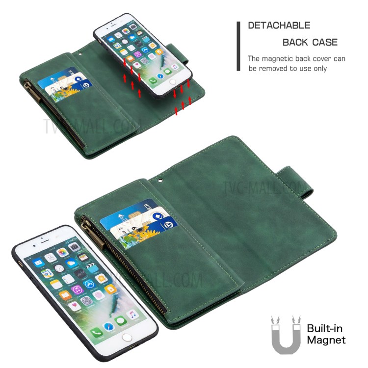 Zipper Pocket Detachable 2-in-1 Leather Wallet Stand Case for iPhone 8 Plus / iPhone 7 Plus 5.5-inch - Green-7