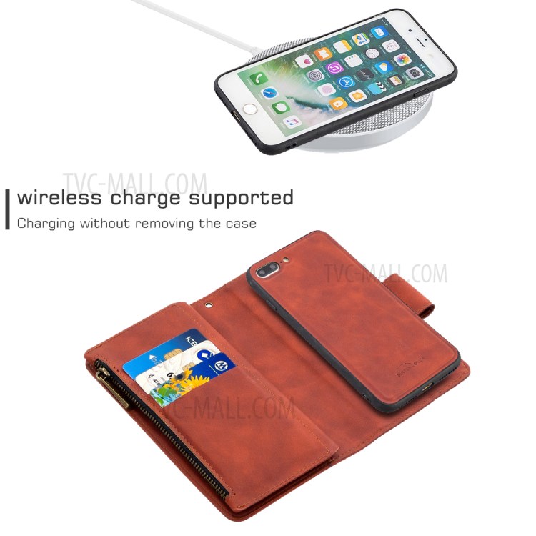 Zipper Pocket Detachable 2-in-1 Leather Wallet Stand Case for iPhone 8 Plus / iPhone 7 Plus 5.5-inch - Brown-4