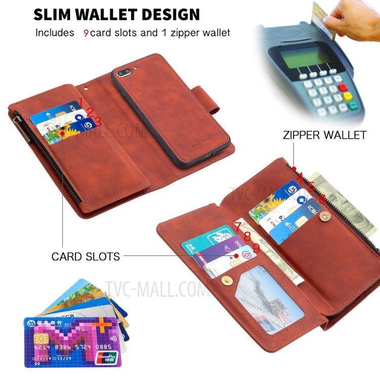 Zipper Pocket Detachable 2-in-1 Leather Wallet Stand Case for iPhone 8 Plus / iPhone 7 Plus 5.5-inch - Brown-6