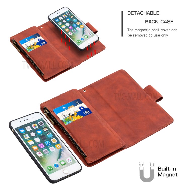 Zipper Pocket Detachable 2-in-1 Leather Wallet Stand Case for iPhone 8 Plus / iPhone 7 Plus 5.5-inch - Brown-7