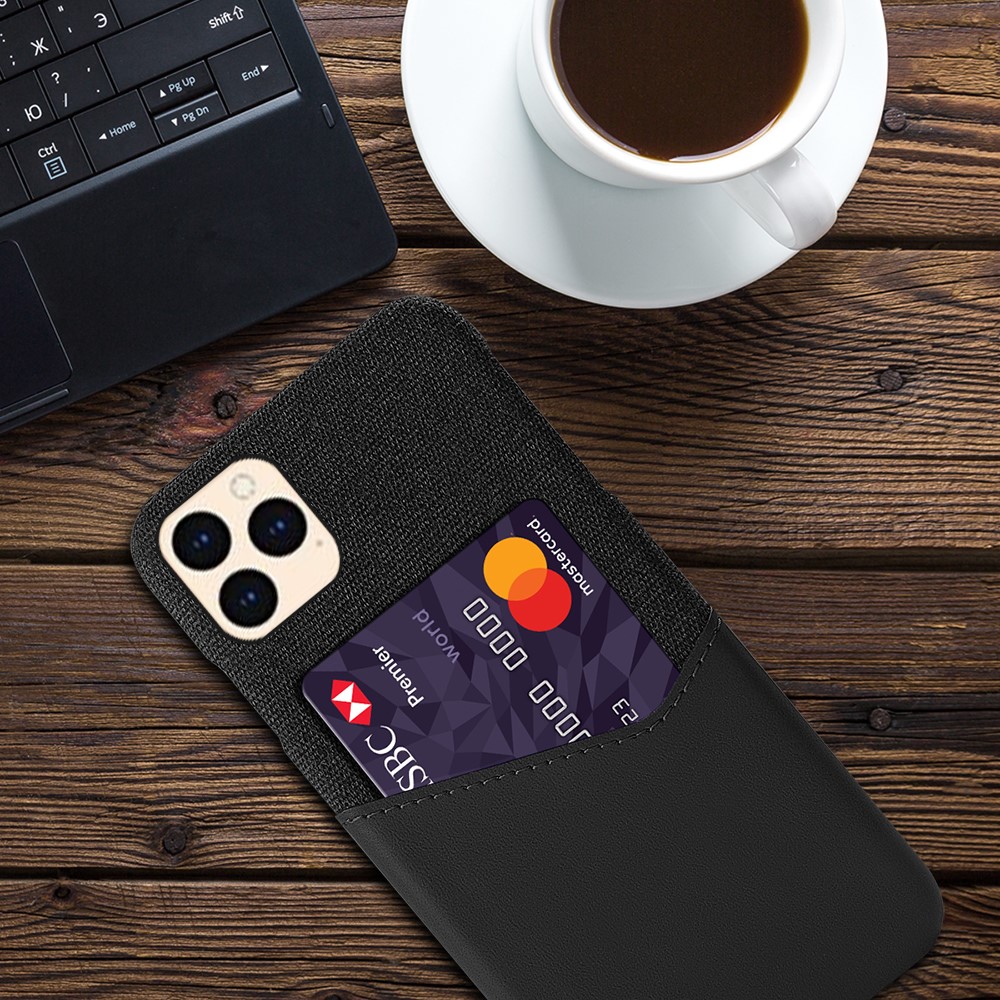 KSQ with Card Holder Cloth + PU Leather Coated PC Cover for iPhone 12 Pro/12 - Black-4