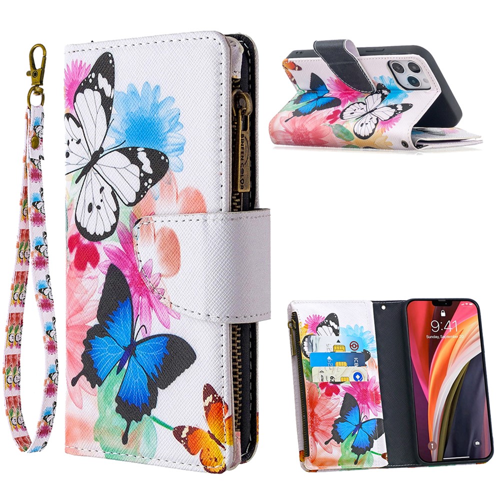 BF03 Pattern Printing Zipper Wallet Leather Phone Shell for iPhone 12 Pro/12 Max 6.1 inch - Blue and White Butterfly-1