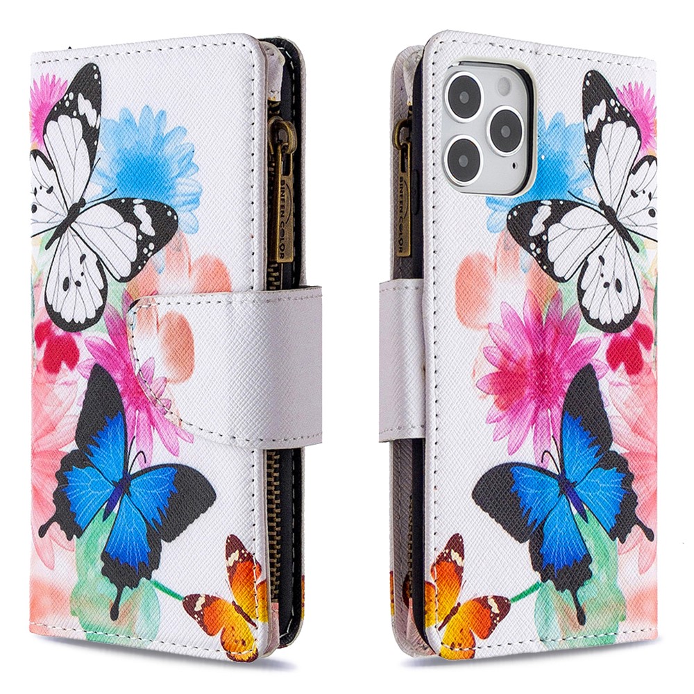 BF03 Pattern Printing Zipper Wallet Leather Phone Shell for iPhone 12 Pro/12 Max 6.1 inch - Blue and White Butterfly-3