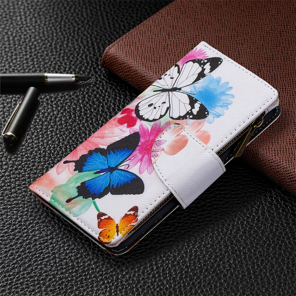 BF03 Pattern Printing Zipper Wallet Leather Phone Shell for iPhone 12 Pro/12 Max 6.1 inch - Blue and White Butterfly-7