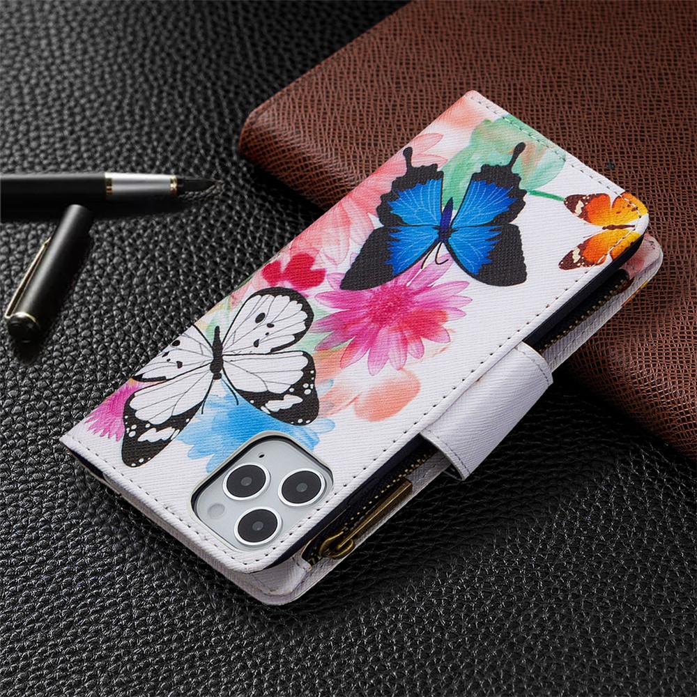 BF03 Pattern Printing Zipper Wallet Leather Phone Shell for iPhone 12 Pro/12 Max 6.1 inch - Blue and White Butterfly-8