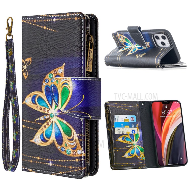 BF03 Pattern Printing Zipper Wallet Leather Cover for iPhone 12 Pro Max 6.7 inch - Diamante Butterfly-1