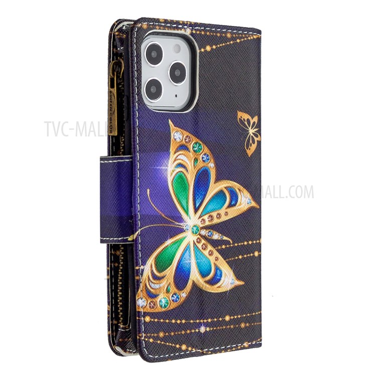 BF03 Pattern Printing Zipper Wallet Leather Cover for iPhone 12 Pro Max 6.7 inch - Diamante Butterfly-2