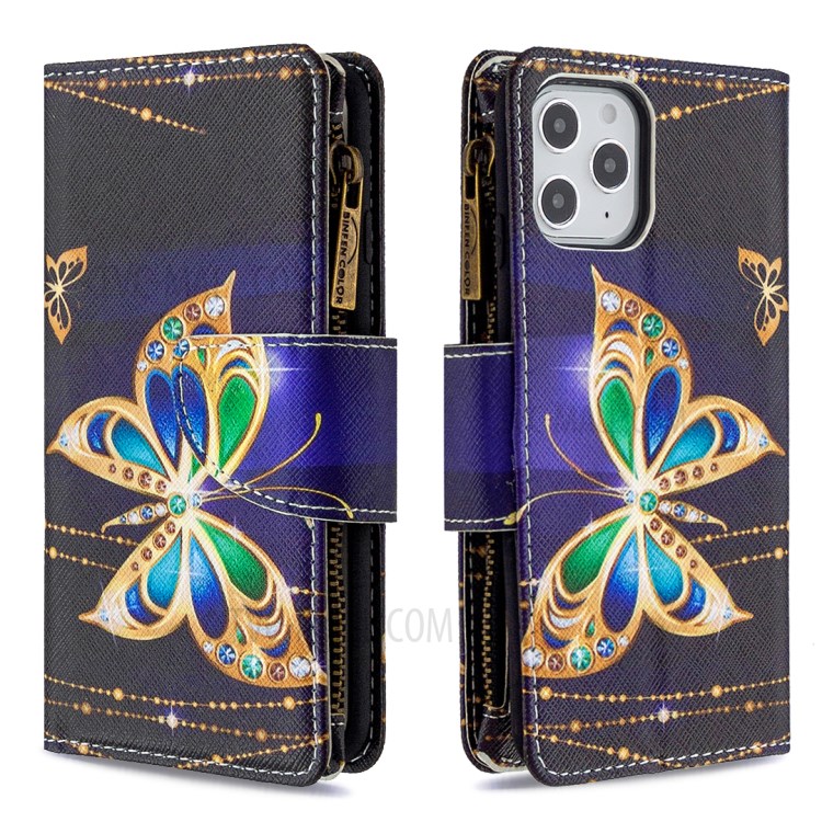 BF03 Pattern Printing Zipper Wallet Leather Cover for iPhone 12 Pro Max 6.7 inch - Diamante Butterfly-3