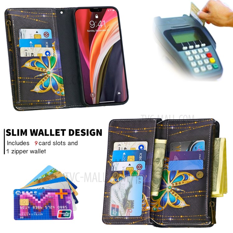 BF03 Pattern Printing Zipper Wallet Leather Cover for iPhone 12 Pro Max 6.7 inch - Diamante Butterfly-5