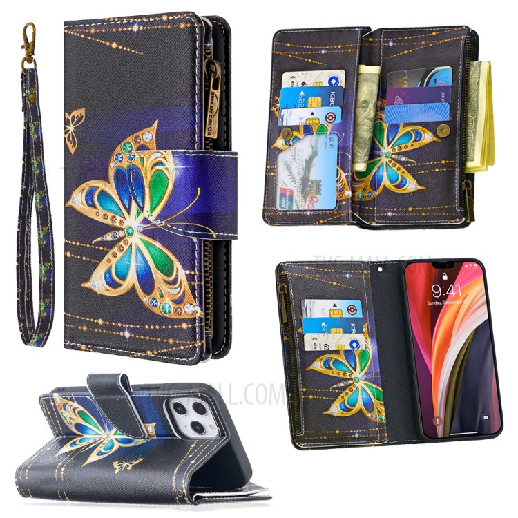 BF03 Pattern Printing Zipper Wallet Leather Cover for iPhone 12 Pro Max 6.7 inch - Diamante Butterfly-6