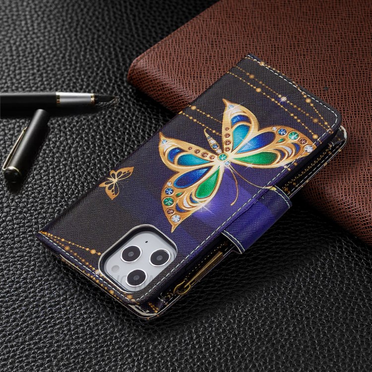 BF03 Pattern Printing Zipper Wallet Leather Cover for iPhone 12 Pro Max 6.7 inch - Diamante Butterfly-8