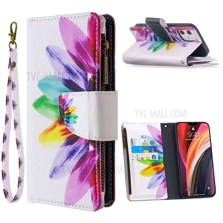 BF03 Pattern Printing Leather Shell with Zipper Pocket Wallet for iPhone 12 mini - Colorful Petals-1