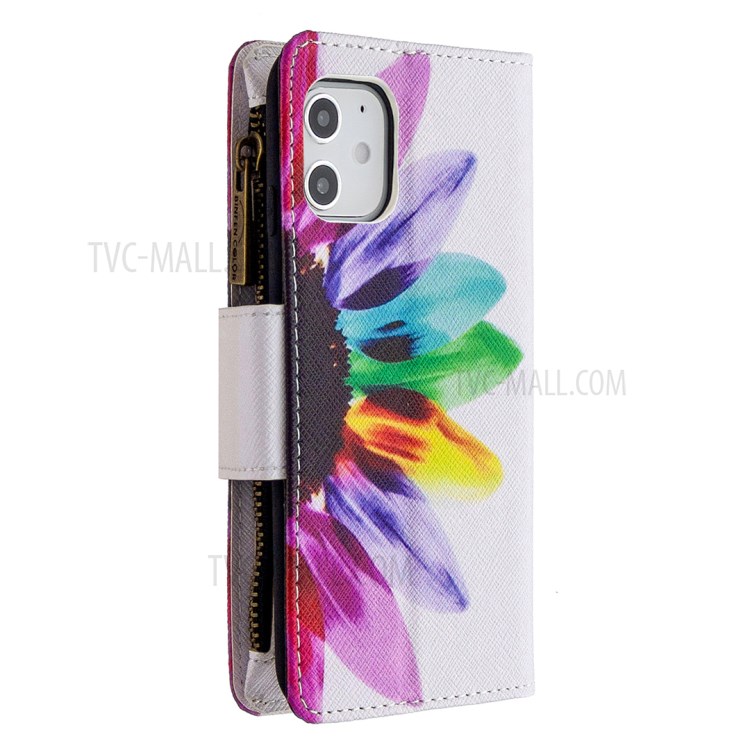 BF03 Pattern Printing Leather Shell with Zipper Pocket Wallet for iPhone 12 mini - Colorful Petals-2