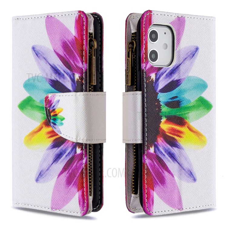 BF03 Pattern Printing Leather Shell with Zipper Pocket Wallet for iPhone 12 mini - Colorful Petals-3