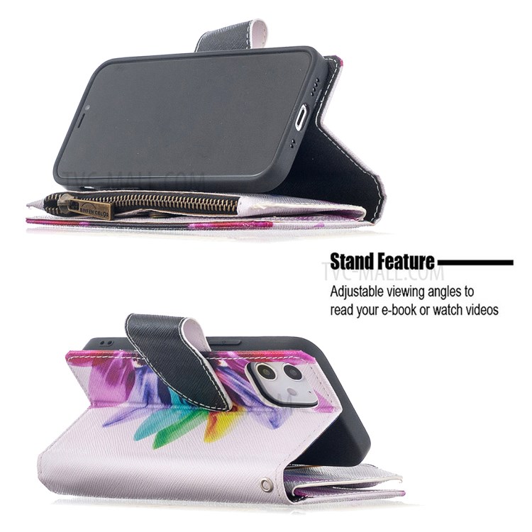 BF03 Pattern Printing Leather Shell with Zipper Pocket Wallet for iPhone 12 mini - Colorful Petals-4