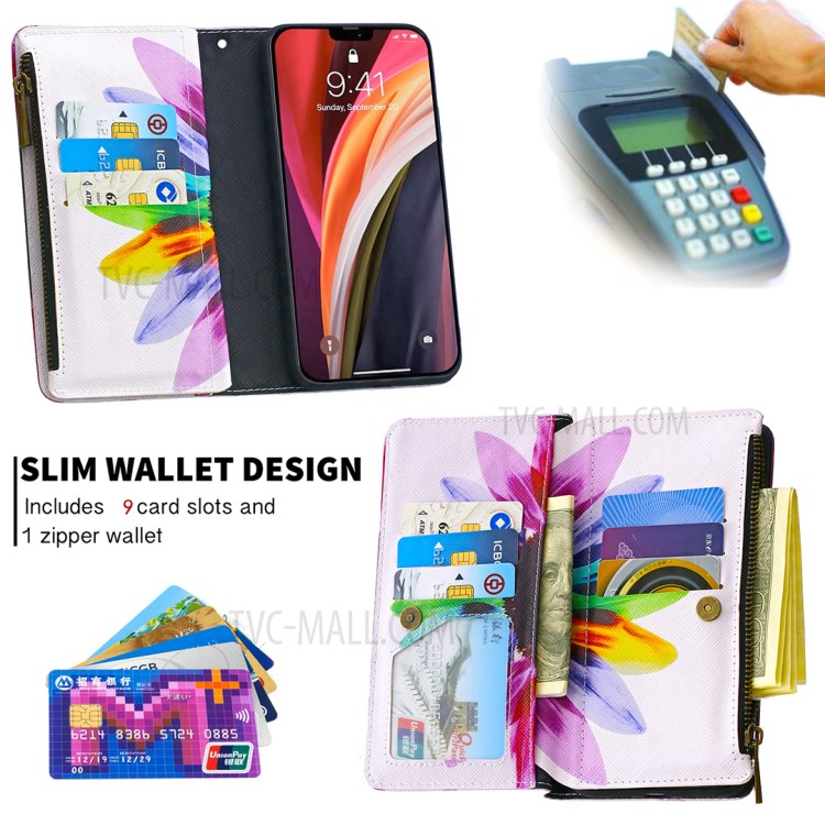 BF03 Pattern Printing Leather Shell with Zipper Pocket Wallet for iPhone 12 mini - Colorful Petals-5