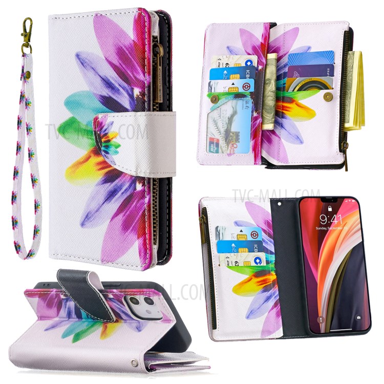 BF03 Pattern Printing Leather Shell with Zipper Pocket Wallet for iPhone 12 mini - Colorful Petals-6