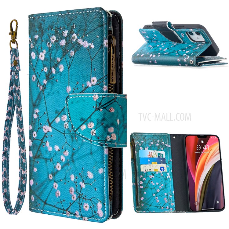BF03 Pattern Printing Leather Shell with Zipper Pocket Wallet for iPhone 12 mini - Plum Blossom-1