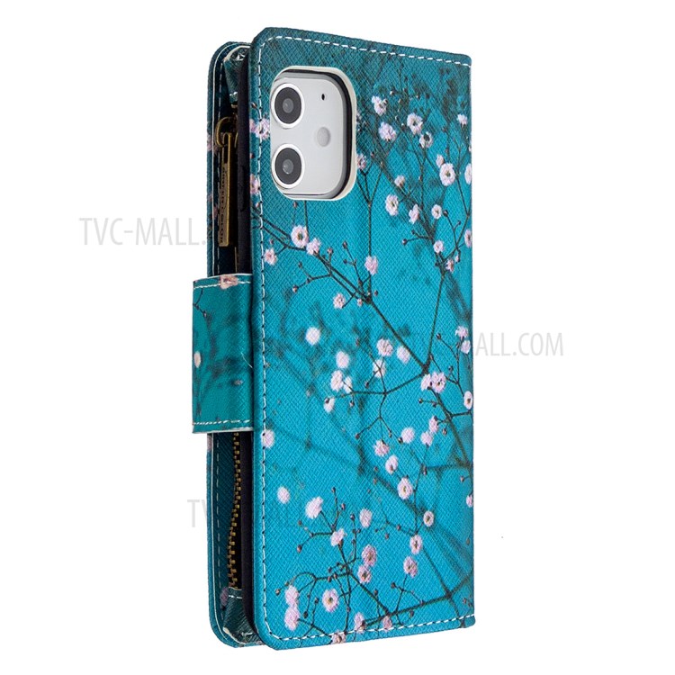 BF03 Pattern Printing Leather Shell with Zipper Pocket Wallet for iPhone 12 mini - Plum Blossom-2