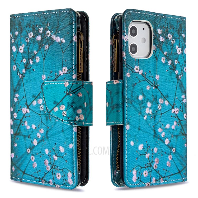 BF03 Pattern Printing Leather Shell with Zipper Pocket Wallet for iPhone 12 mini - Plum Blossom-3