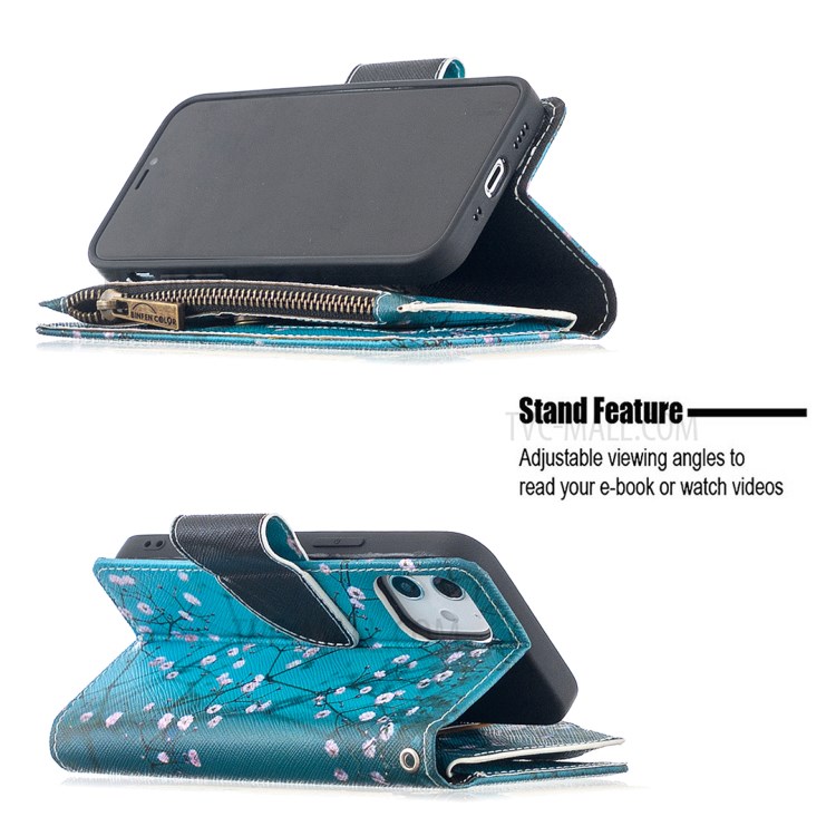BF03 Pattern Printing Leather Shell with Zipper Pocket Wallet for iPhone 12 mini - Plum Blossom-4