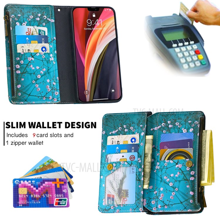 BF03 Pattern Printing Leather Shell with Zipper Pocket Wallet for iPhone 12 mini - Plum Blossom-5