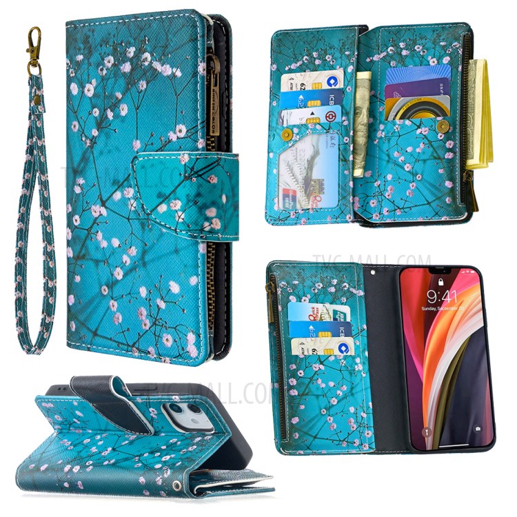 BF03 Pattern Printing Leather Shell with Zipper Pocket Wallet for iPhone 12 mini - Plum Blossom-6