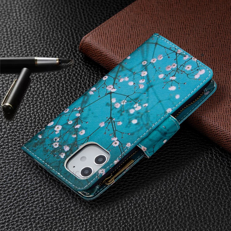 BF03 Pattern Printing Leather Shell with Zipper Pocket Wallet for iPhone 12 mini - Plum Blossom-8
