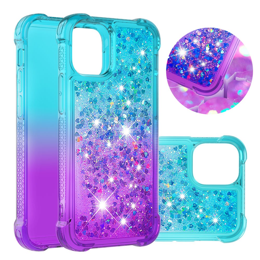 Shockproof Gradient Glitter Powder Quicksand TPU Case for iPhone 12 5.4 inch - Cyan / Purple-1