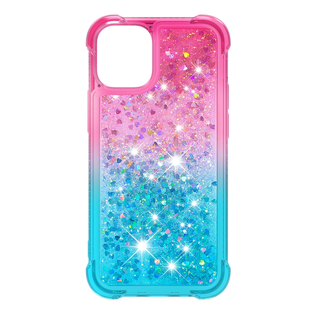 Shockproof Gradient Glitter Powder Quicksand TPU Back Case for iPhone 12 Pro/12 - Rose / Cyan-2