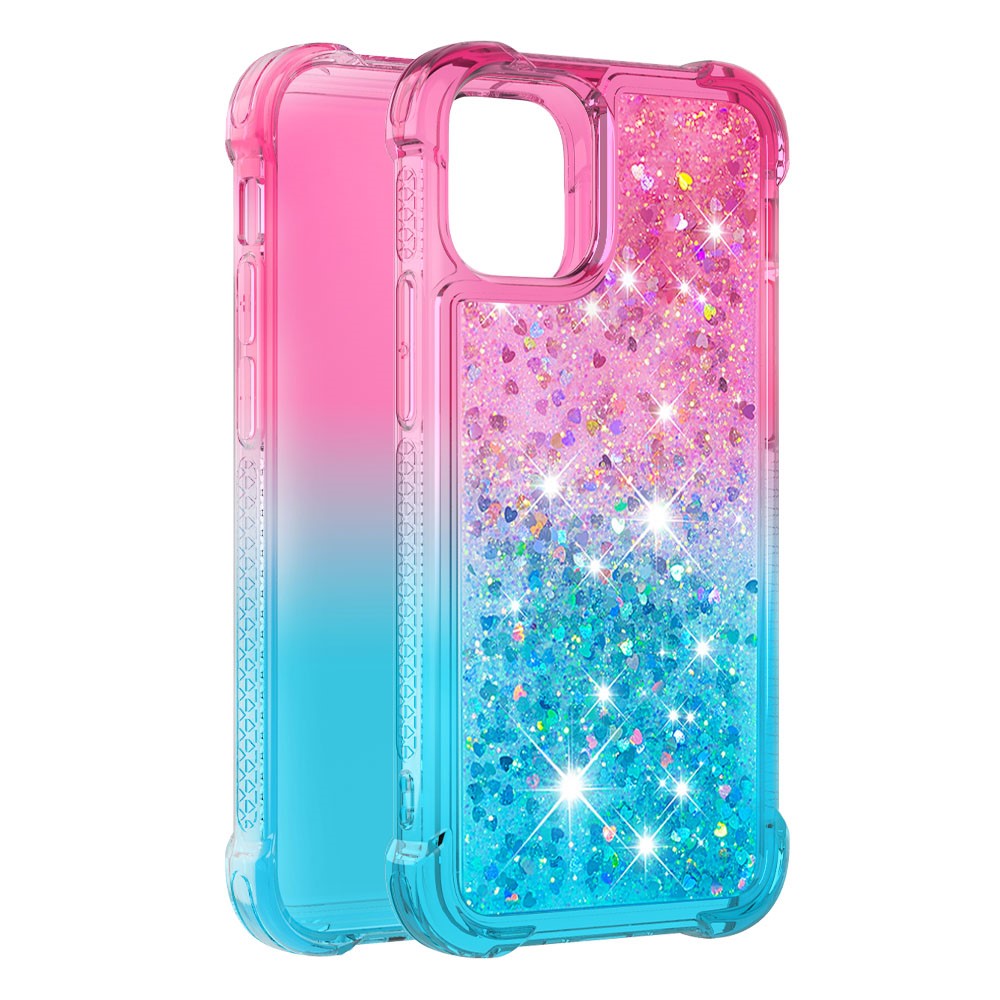 Shockproof Gradient Glitter Powder Quicksand TPU Back Case for iPhone 12 Pro/12 - Rose / Cyan-3
