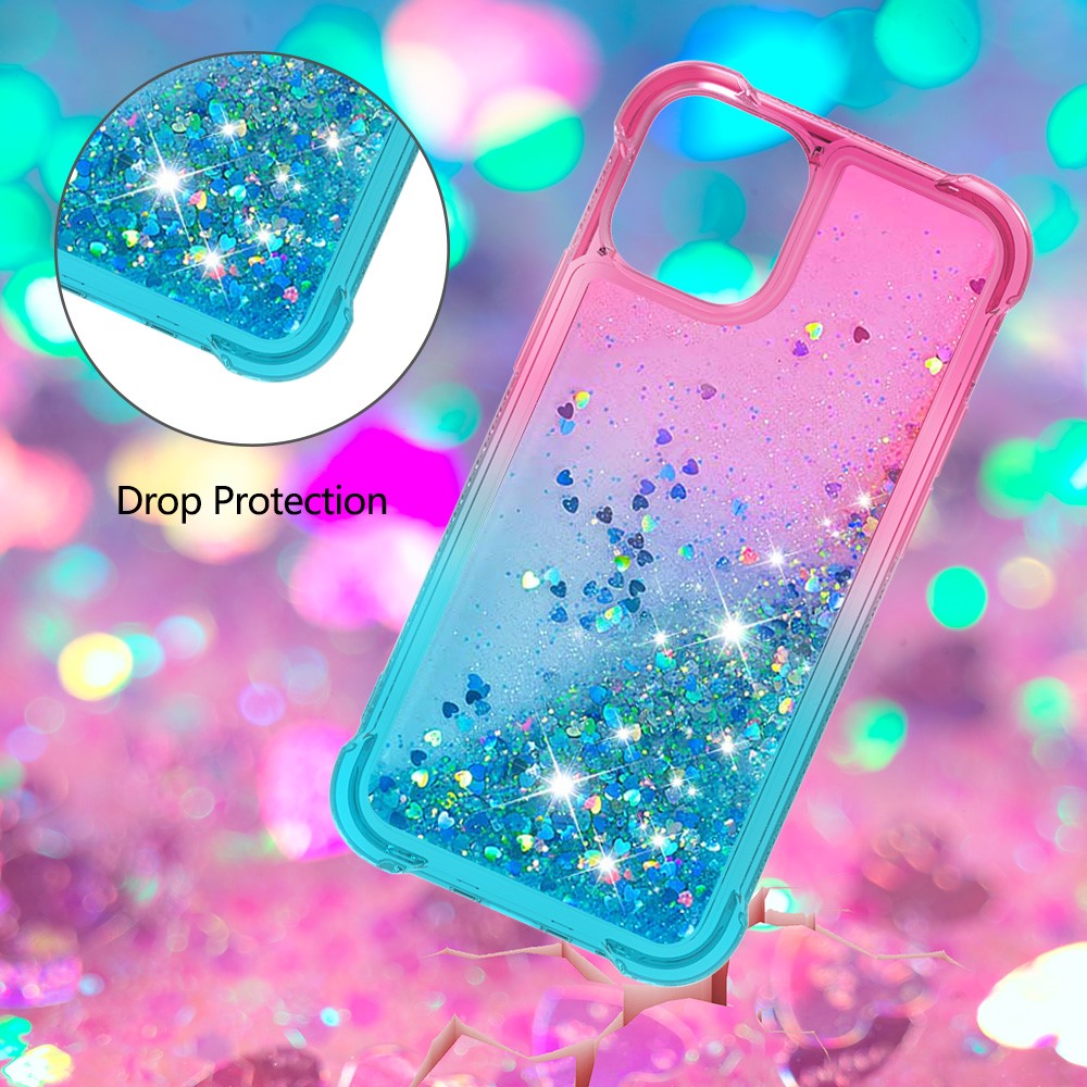 Glitter Glitter À Prova De Choque Em Pó QuickSand TPU Voltar Caso Para IPhone 12 Pro / 12 - Rosa / Ciano-5