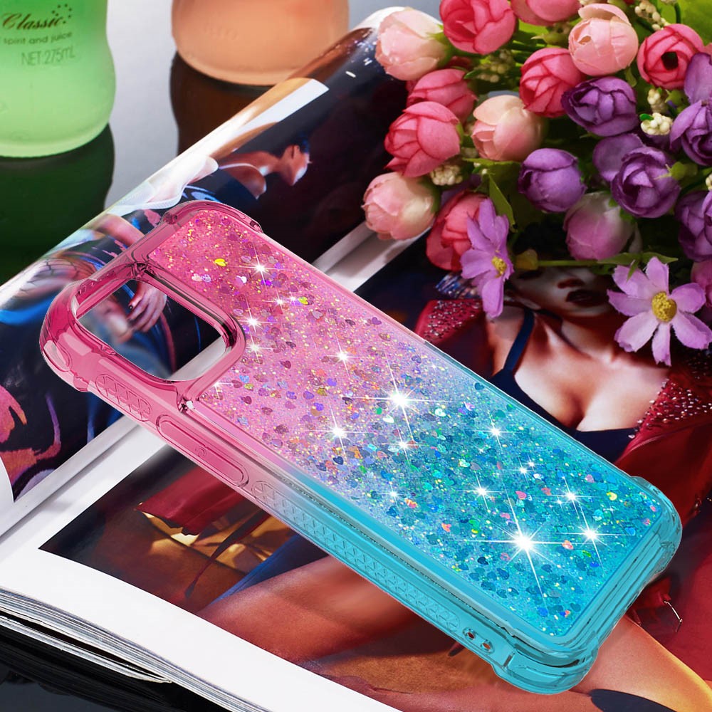 Glitter Glitter À Prova De Choque Em Pó QuickSand TPU Voltar Caso Para IPhone 12 Pro / 12 - Rosa / Ciano-7