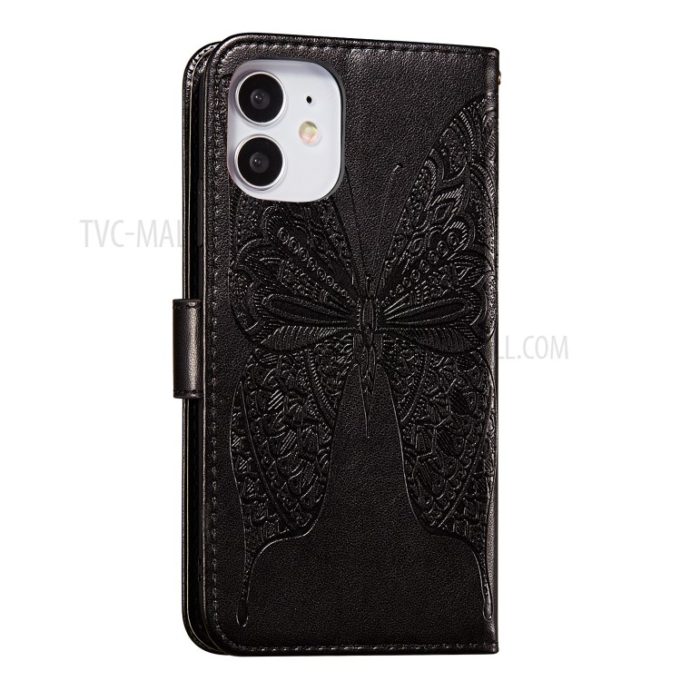 Imprint Butterfly Wallet Leather Cover Case for iPhone 12 5.4-inch - Black-3