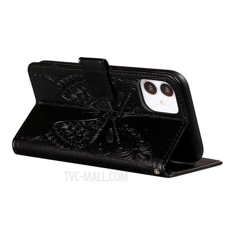 Imprint Butterfly Wallet Leather Cover Case for iPhone 12 5.4-inch - Black-4