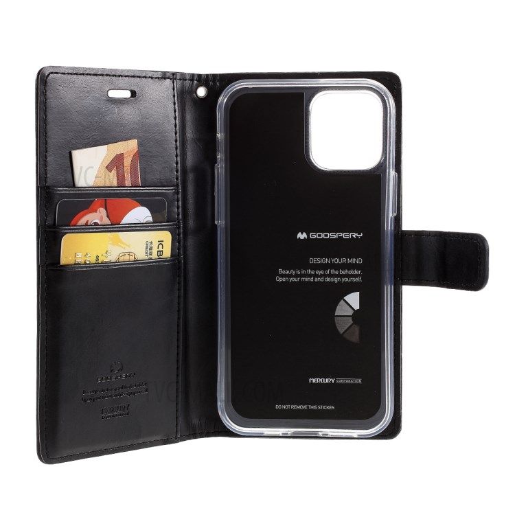 Mercury Goospery Blue Moon Leder Brieftasche Stand Fall Für IPhone 12 Pro / 12 - Schwarz