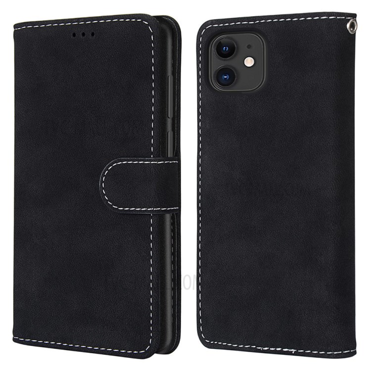 Retro Matte Wallet Stand Flip Leather Case for iPhone 12 mini - Black-2