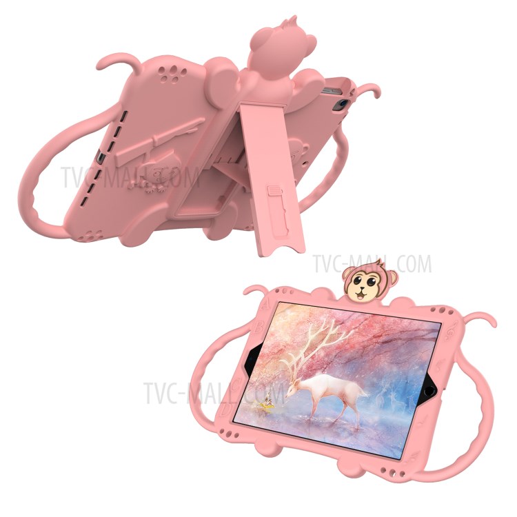 Monkey Style Silicone Kickstand Tablet Case with Shoulder Strap for iPad 9.7-inch (2017)/(2018)/Air (2013)/Air 2 - Pink-1