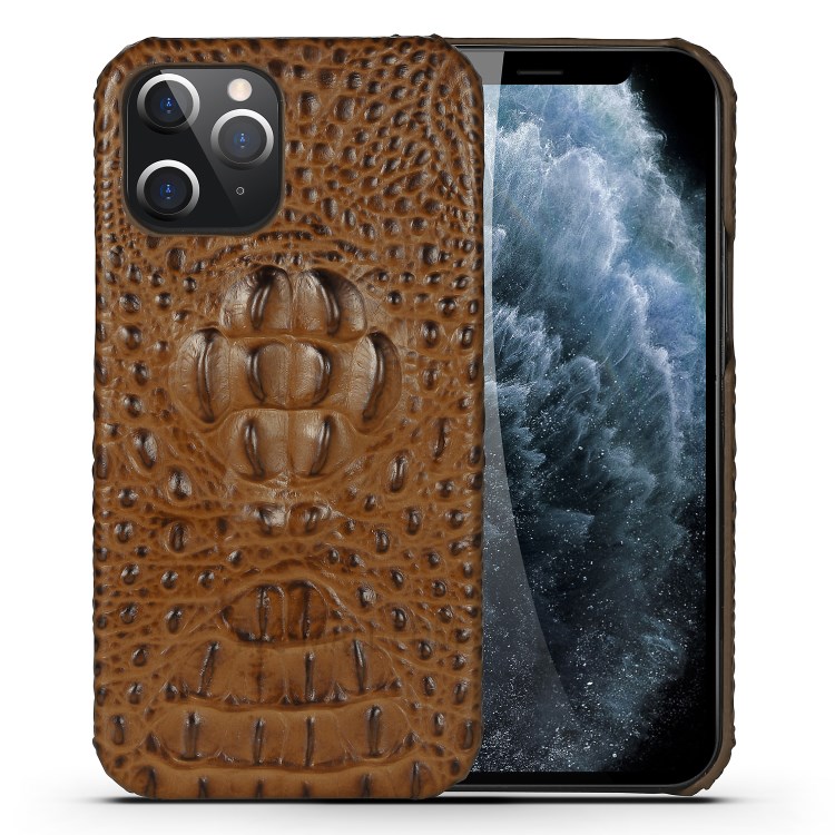 Textura De Cocodrilo Cabeza De Cuero Genuino Recubierto Caja Plástica Del Teléfono Para El Iphone 12 Max / Iphone 12 Pro 6,1 Pulgadas - Marrón-1