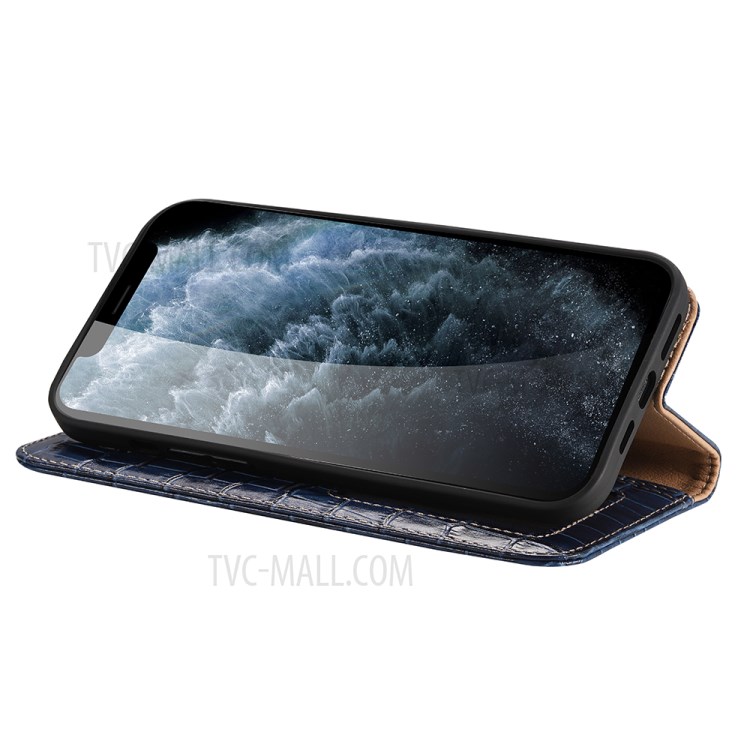 Crocodile Skin Wallet Stand Leather Phone Cover Case for iPhone 12 Pro/12 - Blue-4