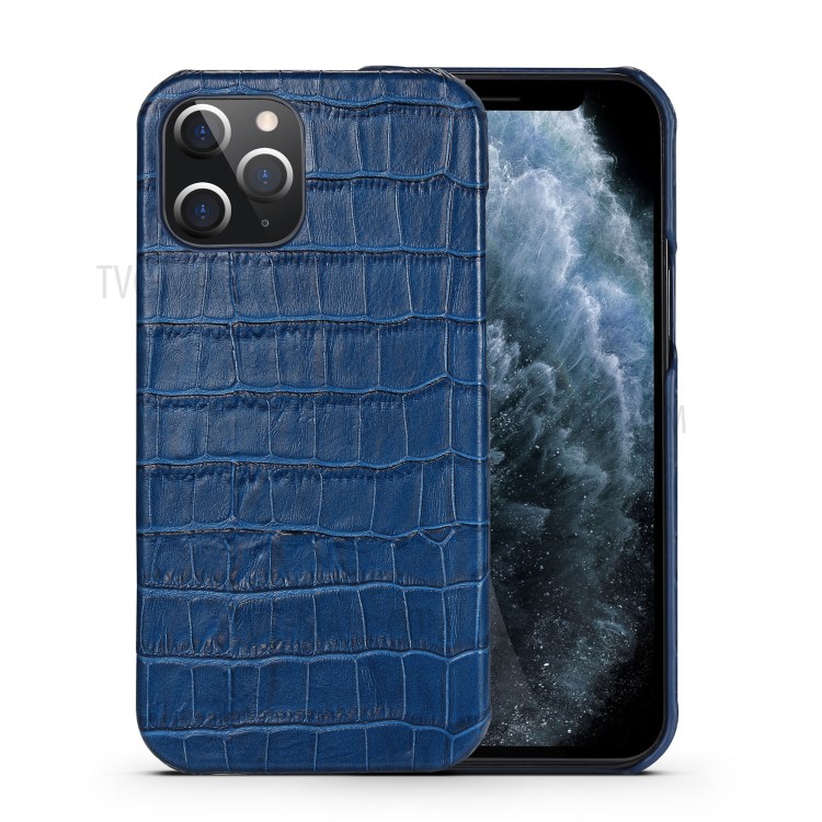 Crocodile Texture Genuine Leather Coated Plastic Phone Case for iPhone 12 Pro/12 - Blue-1