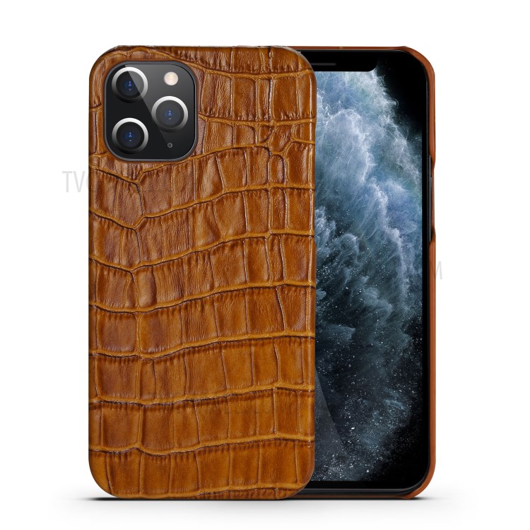 Crocodile Texture Genuine Leather Coated Plastic Phone Case for iPhone 12 Pro/12 - Brown-1